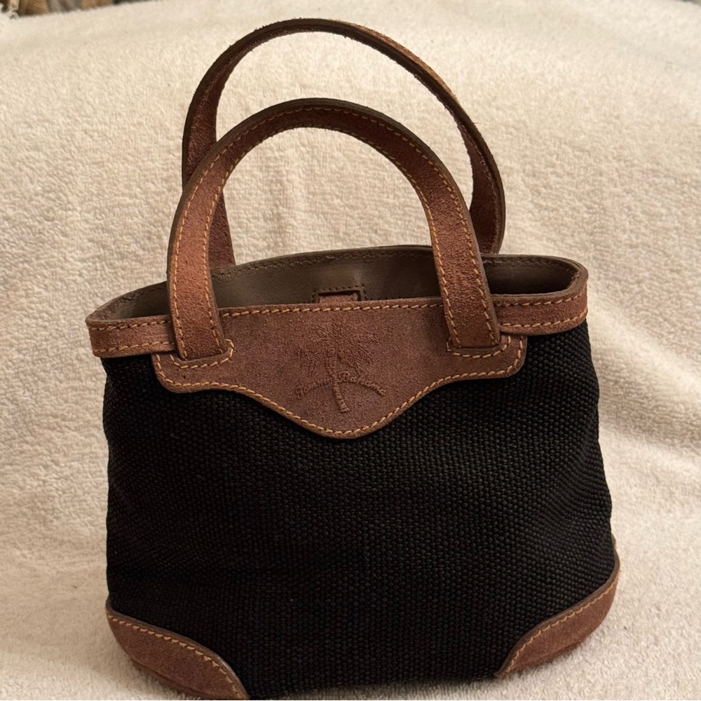 Tommy Bahama Black Canvas and Brown Leather Mini Tote
